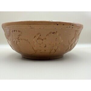 USA Mixing/Serving Lightly Glazed Brown Bowl Stoneware Raised Embossed Fruit VTG